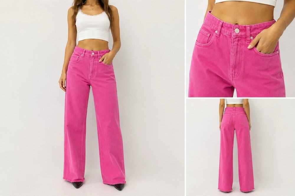 Zara Hot Pink Wide Leg Jeans Women’s Size 4 Barbiecore Y2K Raw Hem Denim